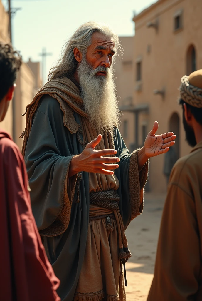 The village elder, with a look of grave concern, explaining the dangers of the jinn to a group of worried villagers.