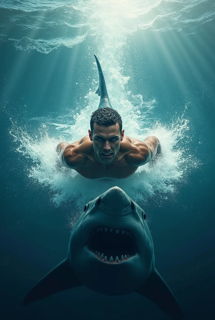 Swimmer racing a shark with the message Do you want to swim faster?