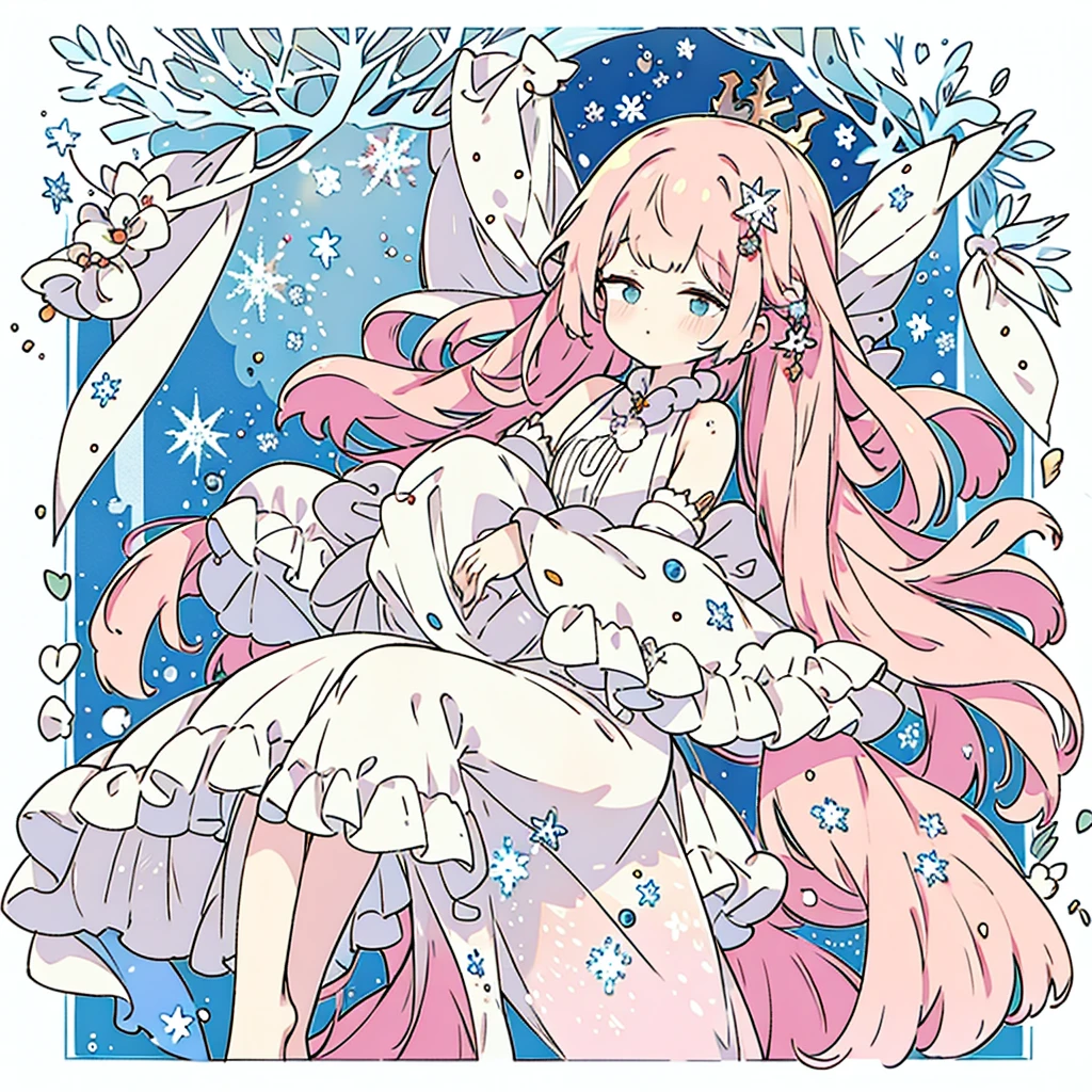 Long Hair, bangs,  snowflake hair accessories,Pink Hair, 