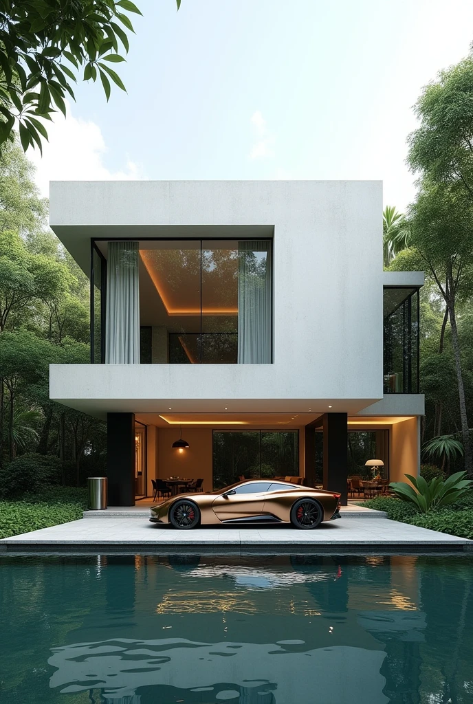  minimal villa in jungle , exterior view , a car is parked in front of a parametric villa, realestic architecture , concept house , 22 meters high , front view , high quality rendering , luxury architecture , relistic physical rendering , parametric house , reflective in pool , installation architecture ,