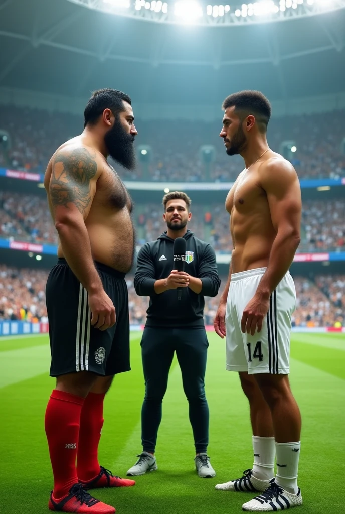 A strong hairy Iranian football player with very hairy chest hair bearded, wearing no shirt, black shorts and red socks and black boots, side by side with a Brazilian soccer player, wearing no shirt, White shorts, white socks and white boots, giving an interview to a TV reporter on the lawn of the large football stadium full of people.