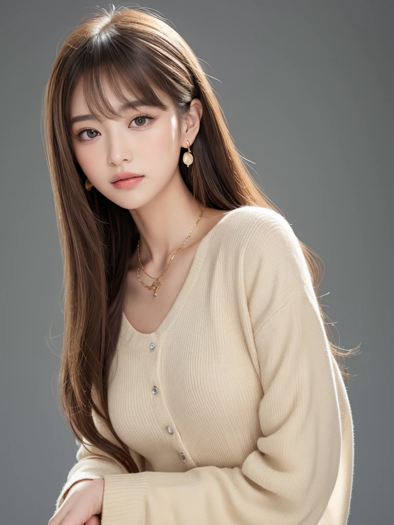((Highest quality, 8k, masterpiece:1.3)), concentrate: 1.2, Perfect body beauty: 1.4, Hips: 1.2, ((Long Hair, chest: 1.2)), (Dry clothes: 1.1) , (clear, Simple Background:1.3), Simple clothes: 1.1, Highly detailed face and skin texture,Delicate eyes, double eyelid, Whitened skin, Rough skin、Long Hair、bangs、Simple earrings、necklace、 solo、Beige coat、White shirt, (((Cute and beautiful Japan)))、 ((Beautiful 20-year-old Japanese))、 ((Baby Face))、 (((Slender body)))、 Upper Body,Face focus、necklace,Simple Background,From above, Realistic Hair、 A photograph was taken:Canon EOS R6、135mm、1/1250 seconds、f2.8、ISO400、(Detailed explanation of the hand)、(Masseter muscle area)、(Exquisite CG)、Long Hair, loose and curly hair、Korean Hair、Long Hair明るいベージュ色、グラデーションハイライトグレージュのゆるふわLong Hairスタイル、