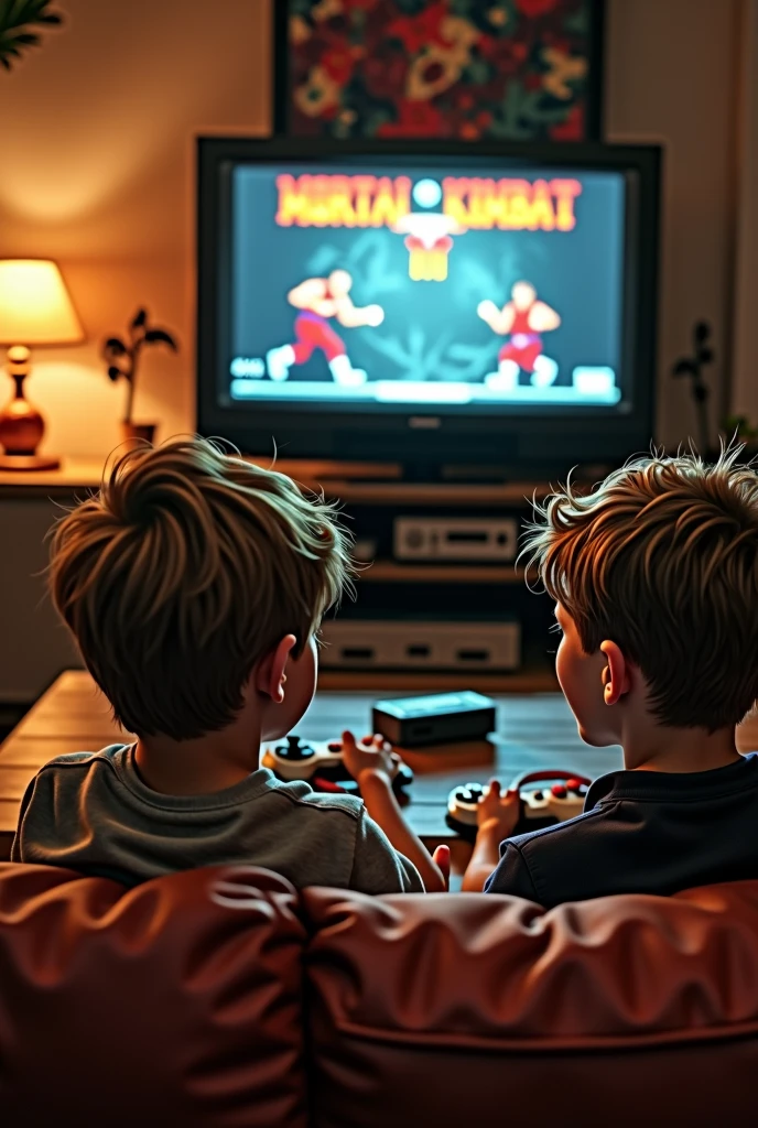 50mm film Photography, photorealistic, photojournalism, People Two young s playing Mortal Kombat Ultimate 3, with a retro Super Nintendo snes console, using an original wired controller of the Super Nintendo Snes, sitting on the couch with a happy expression on their face.
