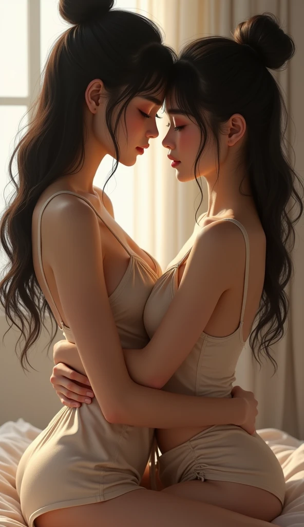 two superb exquisite korean real beautiful girls kissing, grabbing, closed eyes, soft gentle passionate pain face, natural long curvy hair, extremely delicate, straight facial features, peerless beautiful girl, soft, dreamy quality, dramatic light,  light white and dark brown, exaggerated facial features, solid color, frank holly, delicate face, bright lips slightly open, slender waist, soft curves, no bra:2.0 , bare chest, aureola visible,  jeans pulled down, real light and shadow, super fine, 4k, natural moving, realistic, Ultra high resolution, nsfw, pants down, showing pubic area, full body visible