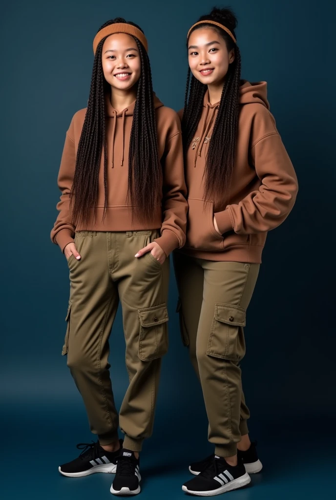 Create a two full body beautiful Thai women smiling wearing a brown hoodie and brown cargo pants with brown headband and black beautiful adidas shoes, black long hair braids posting a dark blue background, looking at the camera. Photography