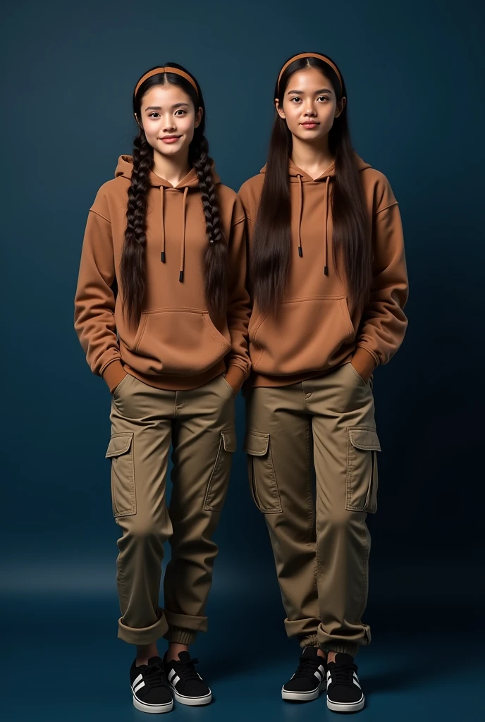 Create a two full body beautiful Thai women smiling wearing a brown hoodie and brown cargo pants with brown headband and black beautiful adidas shoes, black long hair braids posting a dark blue background, looking at the camera. Photography