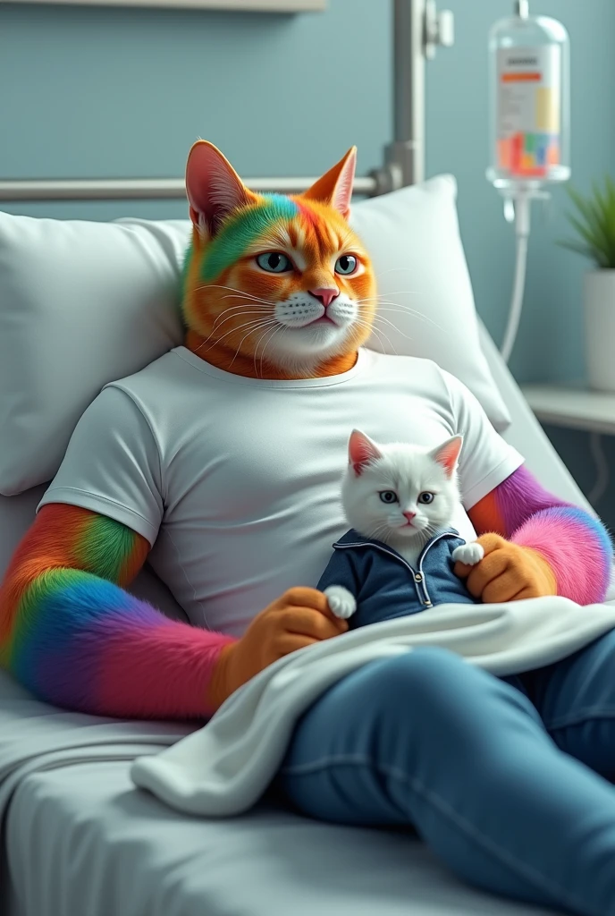 hospital bed me ek hath me drip chad rhi ek muscular rainbow cat jisne white t-shirts and blue jeans pehni h leta h or kamar tak White chadar odi h or uski god me ek white kitten jisne school dress pehni h bethi h or muscular cat use dekh k muscura rha h seen ek hospital ka h jha white kitten k face udas h or muscular rainbow cat muscura rha h