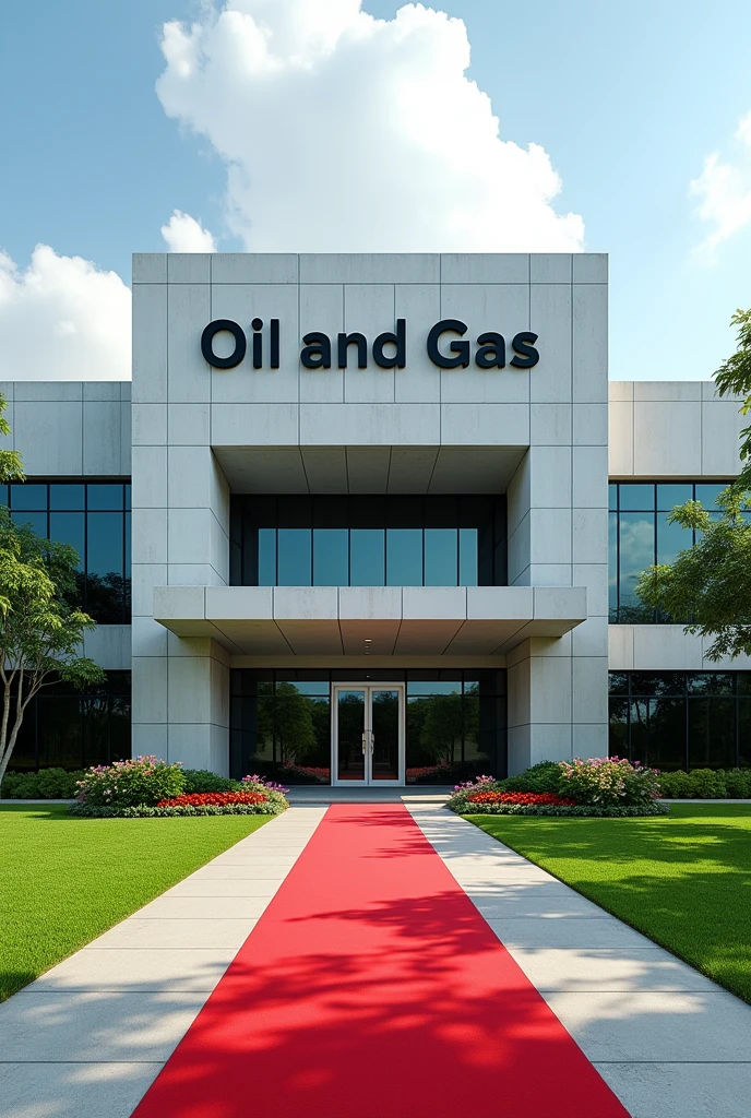 Create a building with 7,009 square wide and in Singaporean design and a concrete on the building written OIL AND GAS on it's own compound with Grass and flowers with red carpet on entrance