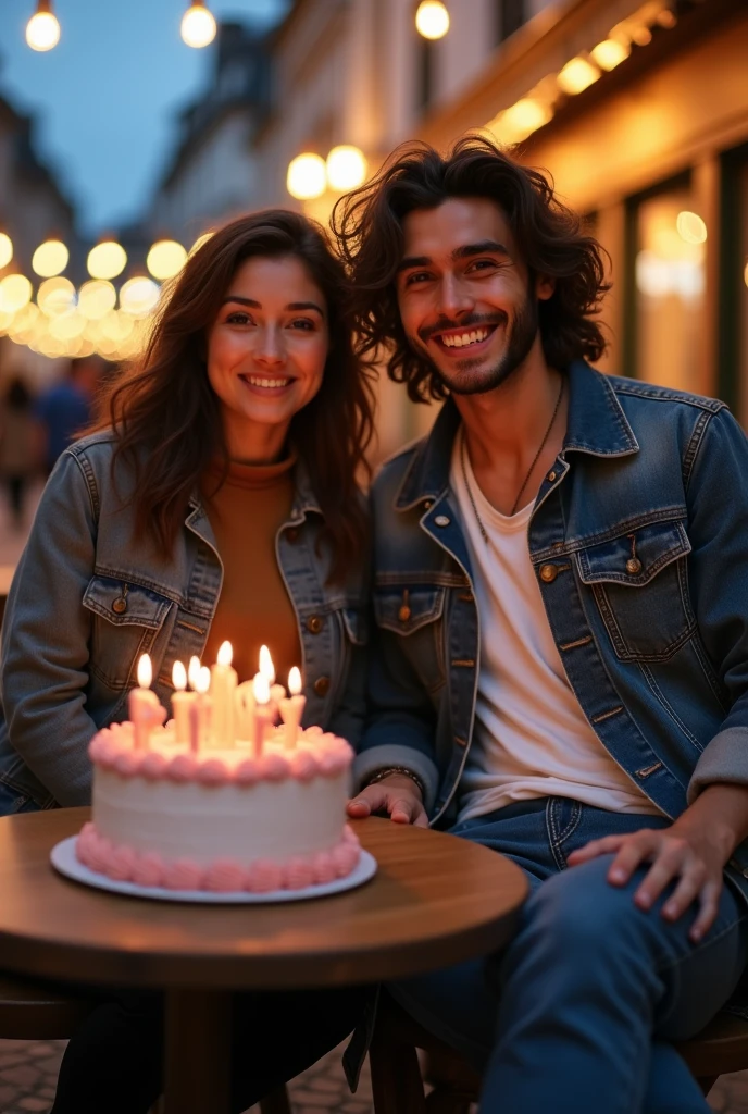 Photography of a 20 year old Asian guy with long curly hair wearing a jeans jacket, white t-shirt, jeans, boots, sitting with a 20 year old Asian woman with a slightly fat body wearing a jacket in Europe. Evening atmosphere celebrating a birthday with a birthday cake.