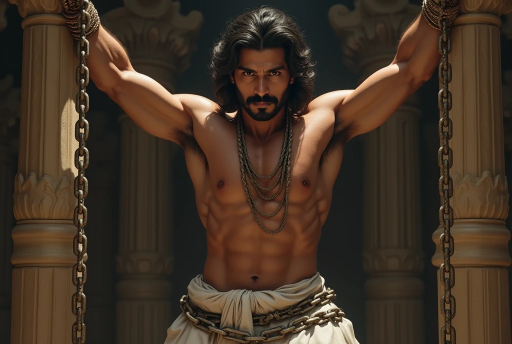 There is a king who is beautiful in appearance and the king has a big mustache on his face. The king is 30 years old. There is no clothes on the king's body. The king is wearing a dhoti. The king is tied between two pillars with chains.