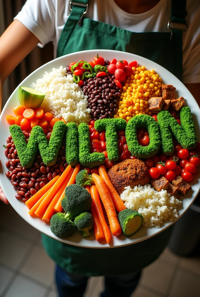 Full name "wilton" made of vegetables on a meal plate that must measure two meters in circumference , This dish contains rice, feijao , carne , salad. It is in a place where the size of the meal plate is noticeable. Overcrowded appearance.