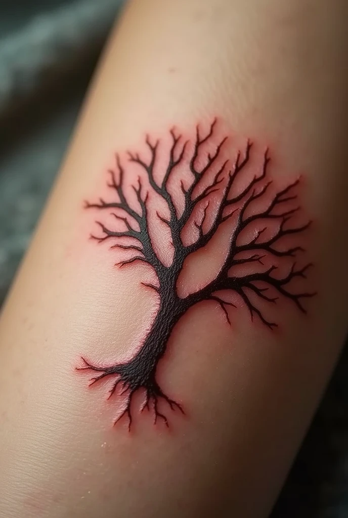 A close up of a scar on skin, with the scar subtly forming the shape of something symbolic like a heart or a tree indicating growth and strength