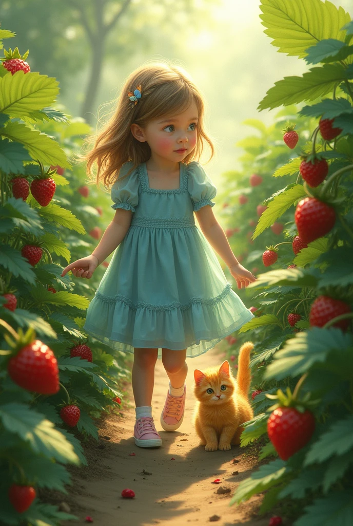 A  girl with blue eyes in blue flock playing in strawberry garden and she found a little Golden cat in the strawberry garden