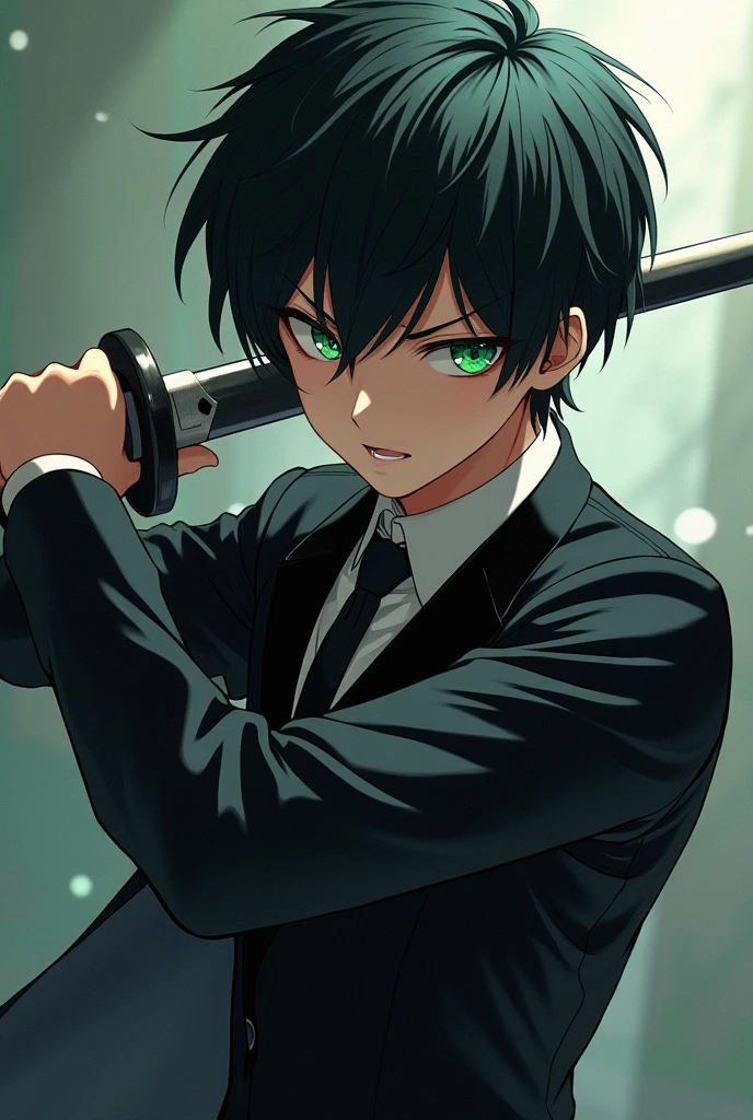  Anime One with messy straight black hair and green eyes wearing a black suit with a sword in his hand 
