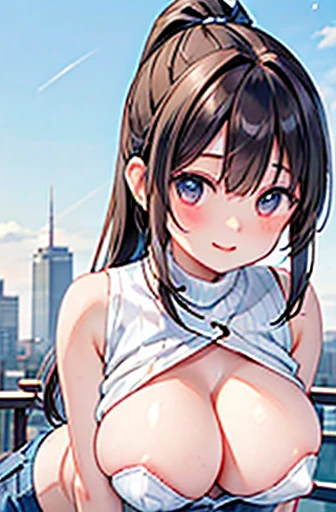 White sleeveless turtleneck knit with an open chest、Denim mini skirt、1 girl, Big Breasts Cleavage, Puffy nipples、Leaning forward、Dark brown hair、ponytail、Cityscape, Kamimei、A shy smile、 ((Very detailed)), (Perfectly detailed face), (Handcrafted with attention to detail) Photorealistic images.