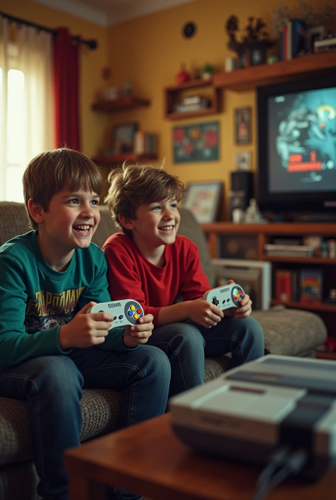 50mm film Photography, photorealistic, photojournalism, People Two young little boys playing Mortal Kombat Ultimate 3, with a retro Super Nintendo snes console, using an original wired controller of the Super Nintendo Snes, sitting on the couch with a happy expression on their face.