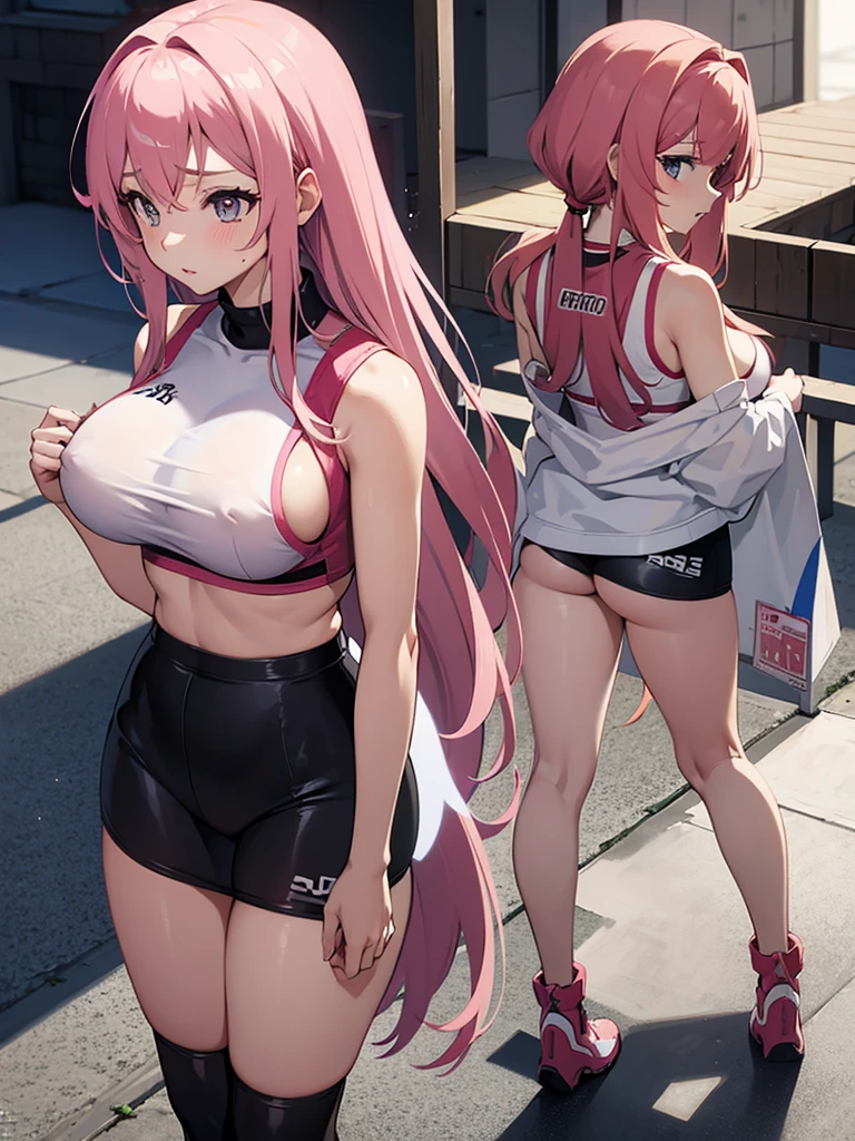 Nino:long pink hair,she has big breasts she is wearing tight wet white panties and a tight wet black bra tight gym pants,she is standing,Anime 8k