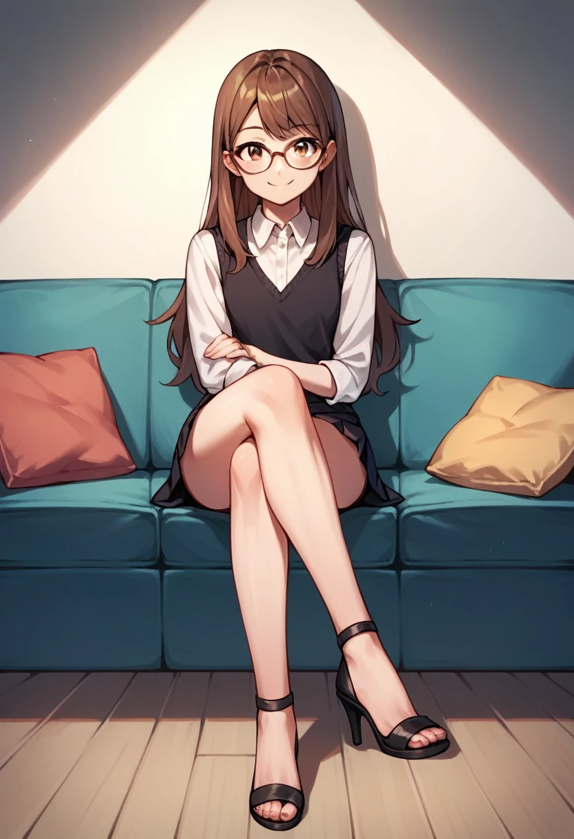 score_9, score_8_up, score_7_up, score_6_up, score_5_up, score_4_up, source_anime, 1girl,lora:amber1-000008:1>, amber5star, upper body, smile, young, brown hair, long hair, brown eyes, glasses, black vest, white shirt, short, high heels, black sandals, short sole, crossed legs, looking at the viewer, sofa, sit, room, best quality, best res, 4K UHD,