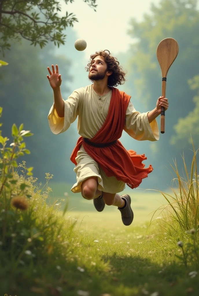 Young Jesus without beard playing hurling, jumping to catch small ball, with hurley in hand.