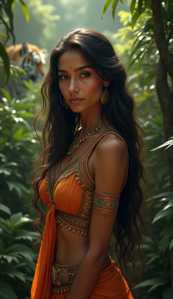 Portrait of A confident-looking indian princess with long flowing hair, skin not very dusky,hazel eyes, wearing a jungle dress, front full pose, dense jungle background, a tiger seen behind her hidden in the bushes about to attack her, perfect composition, happy, hyperrealistic, super detailed, 8k, high quality, trending art, trending on artstation, sharp focus, studio photo, intricate details, highly detailed