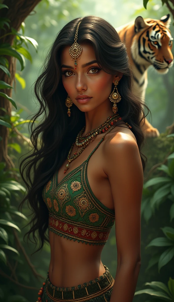 Portrait of A confident-looking indian princess with long flowing hair, skin not very dusky,hazel eyes, wearing a jungle dress, front full pose, dense jungle background, a tiger seen behind her hidden in the bushes about to attack her, perfect composition, happy, hyperrealistic, super detailed, 8k, high quality, trending art, trending on artstation, sharp focus, studio photo, intricate details, highly detailed