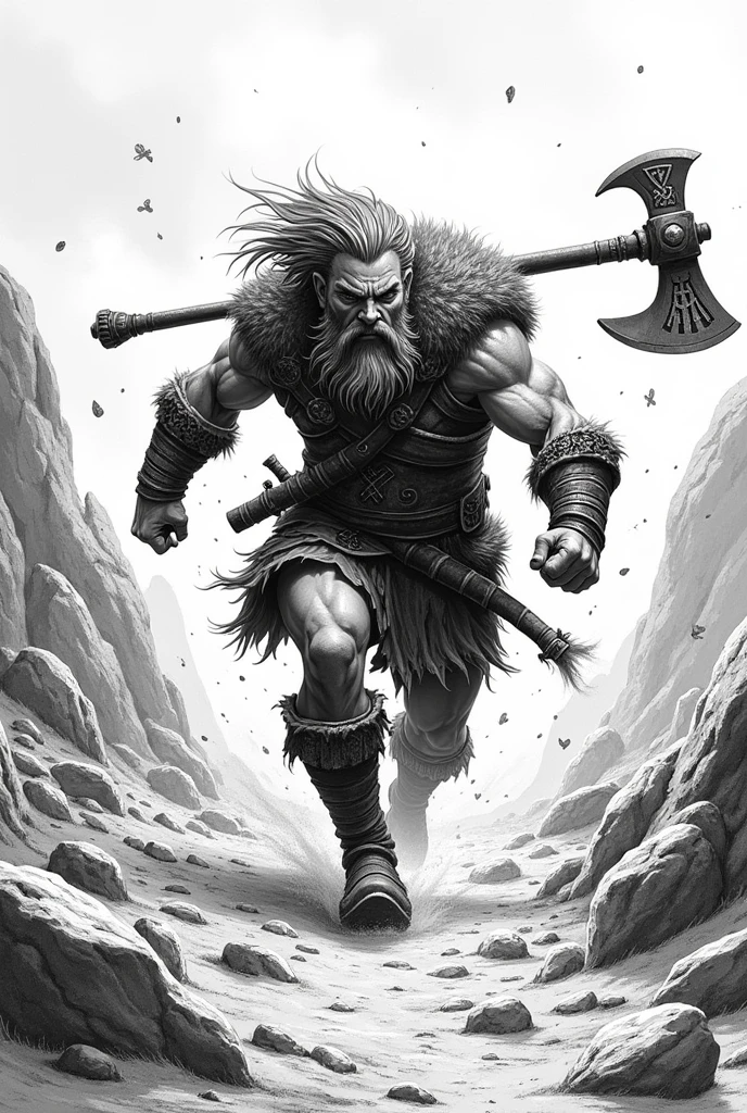 Tattoo sleve A Viking with an axe screaming and coming towards you up to the waist. Many viking runes in the background black white. Black ravens in the background everything should look as if it was drawn