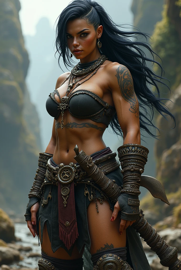 Half orc woman, musclegirl, prominent canine teeth, black hair side cut side, wearing barbarian clothes, best qualityer.