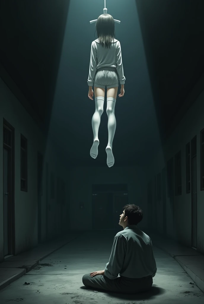 Scene of female student wearing white thigh high socks hanging herself to death ,hovering in the air , a man sitting on the ground in panic
