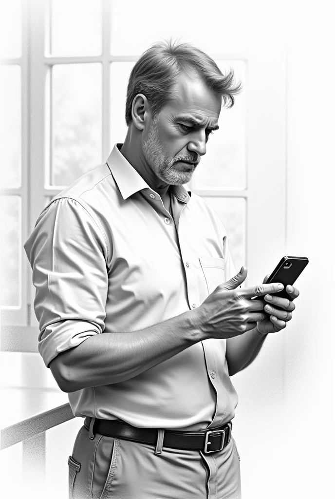 A man looking at his cell phone in a drawing