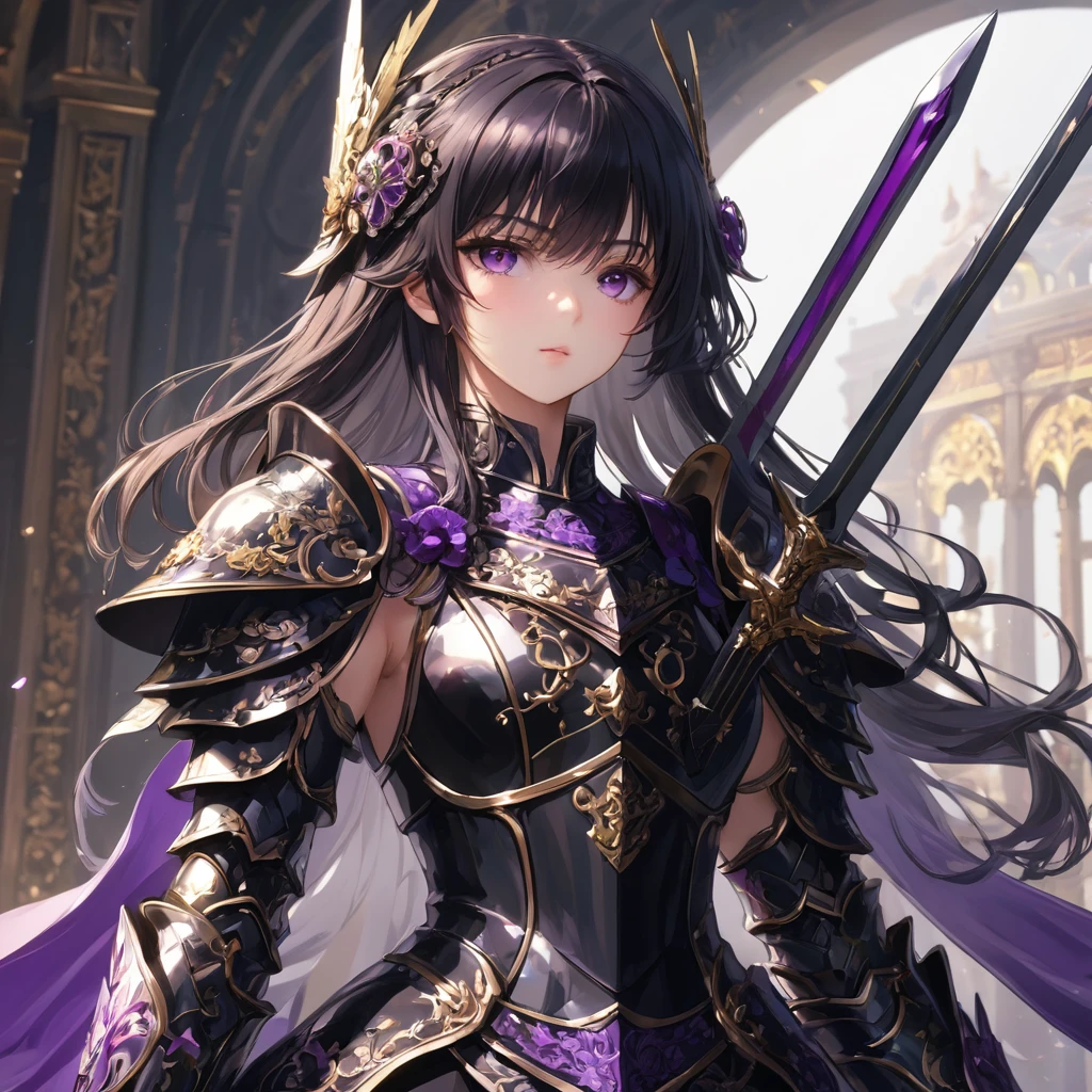 One girl,alone,anime,whole body, From feet to head、Classy girl,Armored,Holding a sword,anger,(embedded:Unaesthetic XLv13.Safety Tensor:1.2),(embedded:Negative XL_is.Safety Tensor:0.8),(masterpiece,Highest quality,Ultra_detailed,High resolution,Absurd:1),(masterpiece, Highest quality, Highest quality, beautifully、aesthetic),Ultra-detailed,Very delicate and beautiful,beautiful detailed face,澄んis顔,Best illustrations,extremely detailed eyes and face,wonderful,detailed and intricate,Best image quality, beautifully繊細な背景,beautiful detailed, Black-purple armor
