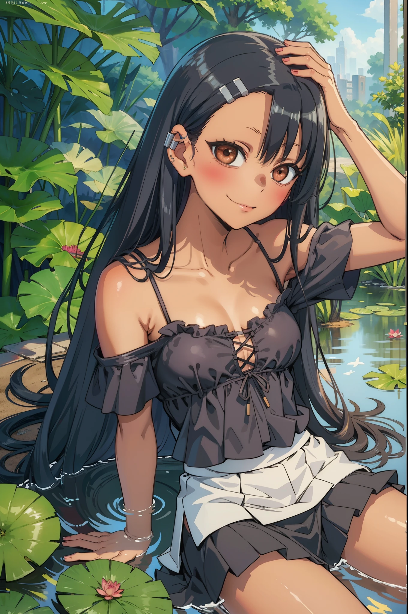 (masterpiece, best quality:1.2), nsfw, nagatoro_hayase_donttoywithmemissnagatoro, anime_style, (1girl, solo), (black long hair, straight hair, asymmetrical bangs), (hairclip, earclip), brown eyes, (evil smile:1.1), (camisole, polka dot, (open chest, off shoulder), bare breasts, small breasts, pink nipples), (shorts, short skirt), (outdoors, nature, summer vacation), (pond, swamp, water, wading, aquatic plants, lotus leaves), dappled sunlight