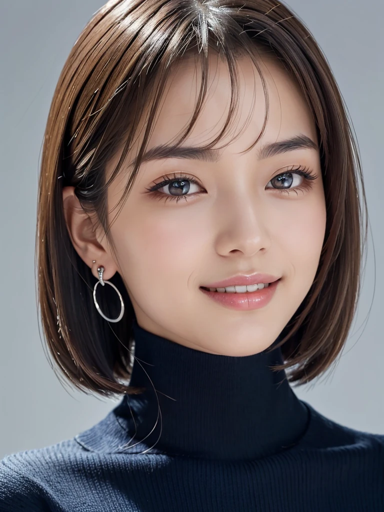 Realistic, masterpiece, Highest quality, Highest Resolution, A portrait of a Japanese woman depicting only the upper body, Happy smile, Slightly to the side, Definitely watching the audience, Beautiful attention to detail, Iris, Thin eyebrows, Draw eyelashes carefully, Natural Makeup, Mid-length hair, Silver hair with blue tips, Detailed face, A simple black turtleneck sweater, Simple design silver earrings, Silver necklace with small crescent charm