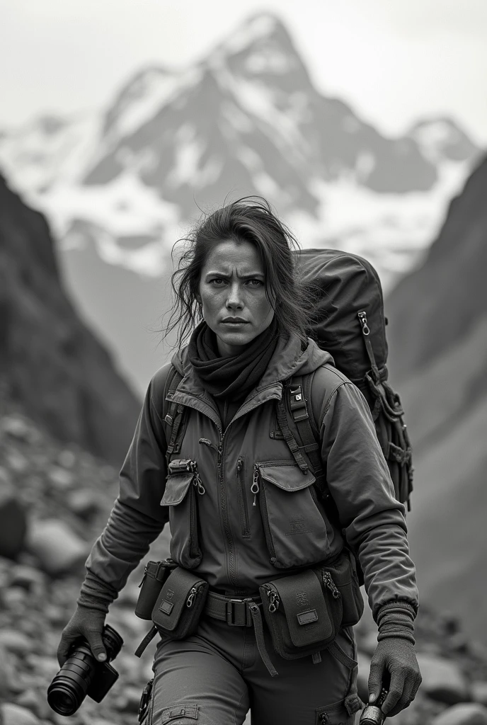 Adventurous female archaeologist realistic photography. traveler. Spontaneous. Limits. danger. mountains. Leica photo vintage
