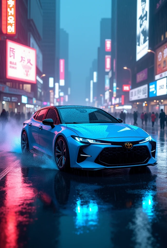 Toyota corolla grande x in rain cuberpunk neon blue color