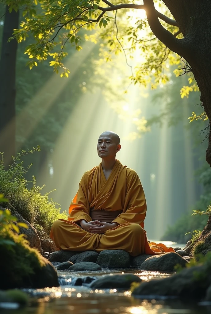 After days of struggle, the disciple finds inner peace. The forest now seems serene, and the sounds of nature become more vivid.
Prompt: A serene monk sitting in meditation, surrounded by nature. Birds, flowing water, and soft wind are visible, with a calm and peaceful expression on the monk's face.