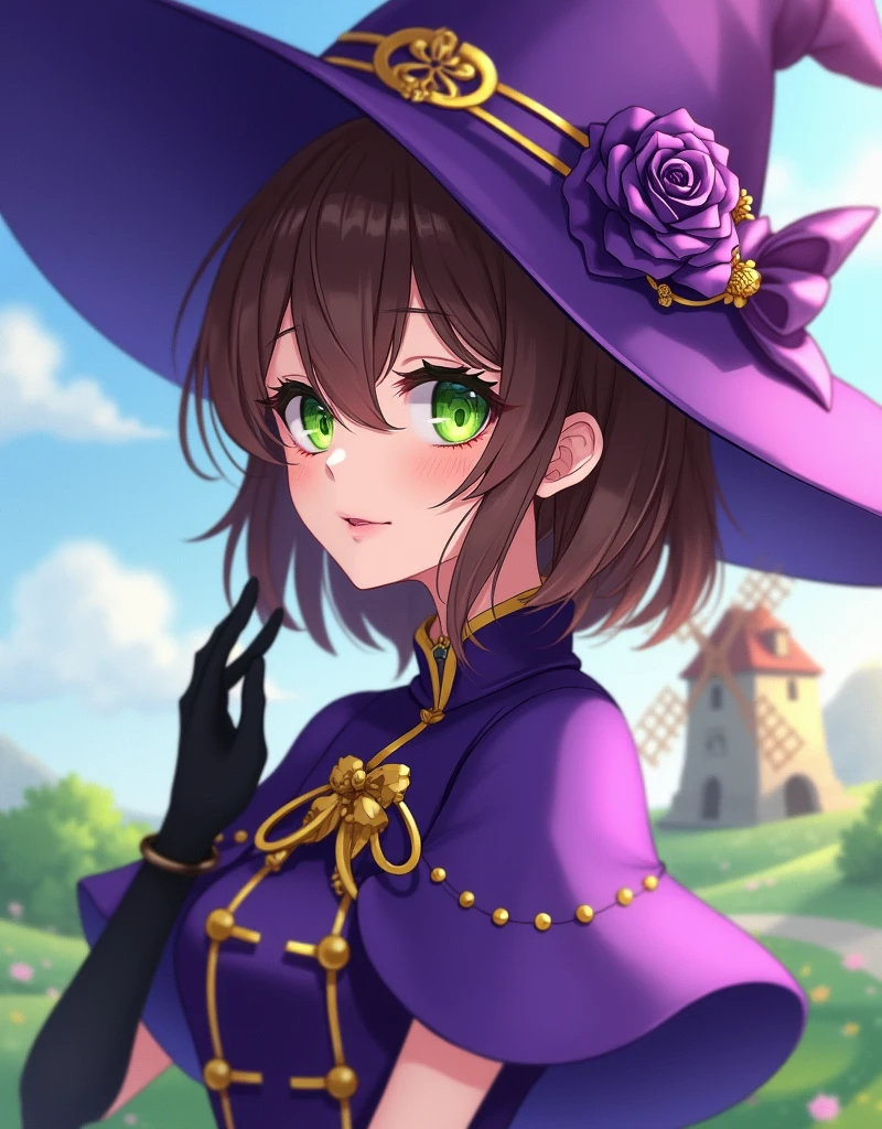 a beautiful girl, perfect face, arms at sides, masterpiece, ultra high res, high quality, 4k, upper body:1.5,  lisa (genshin impact), urple witch hat, green eyes, brown hair, (PureErosFace_V1:0.008), (european:1.6), bangs, dress, rose, jewelry, witch, capelet, purple headwear, black gloves, purple flower, hair between eyes, purple rose, parted lips, purple capelet, hat flower, multicolored dress, hair ornament,  windmill, from side,