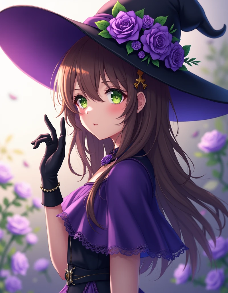 a beautiful girl, perfect face, arms at sides, masterpiece, ultra high res, high quality, 4k, upper body:1.5, lisa (genshin impact), urple witch hat, green eyes, brown hair, (PureErosFace_V1:0.008), (european:1.6), bangs, dress, rose, jewelry, witch, capelet, purple headwear, black gloves, purple flower, hair between eyes, purple rose, parted lips, purple capelet, hat flower, multicolored dress, hair ornament, windmill, from side,