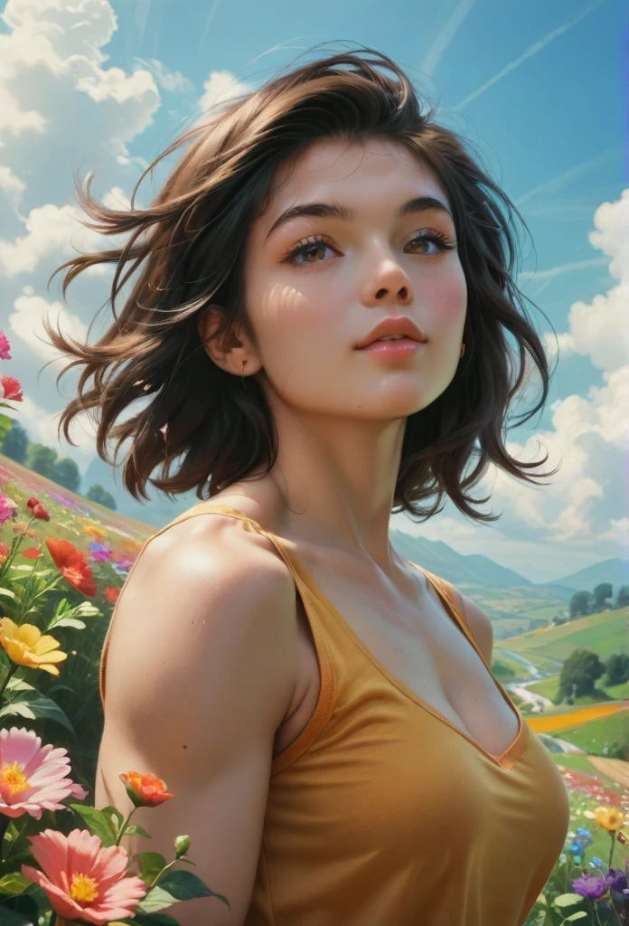 Watase Seizo style, whole body，Low - Angle, muscle, Simple line initials，Abstract art，Countryside Background, (((The most beautiful woman))), Lips in Love, walk, Colorful flowers, colorful, The monsters surrounding the woman, Kindness