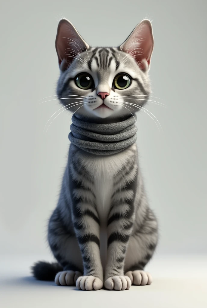 3D Rendering、Real、Realistic、Gray female cat with white and black stripes、Use of neck warmers Standing upright like a human、Staring ahead