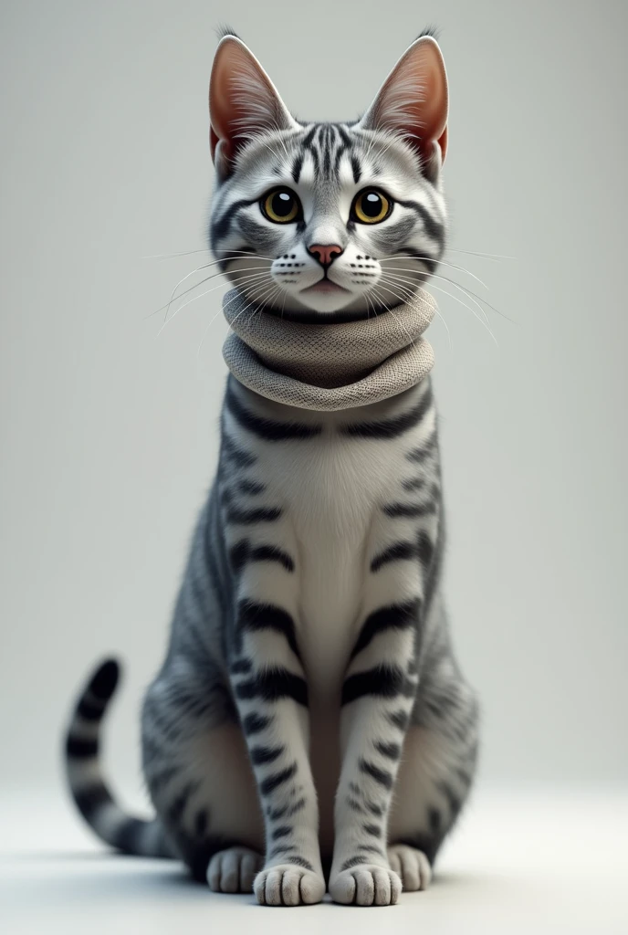 3D Rendering、Real、Realistic、Gray female cat with white and black stripes、Use of neck warmers Standing upright like a human、Staring ahead