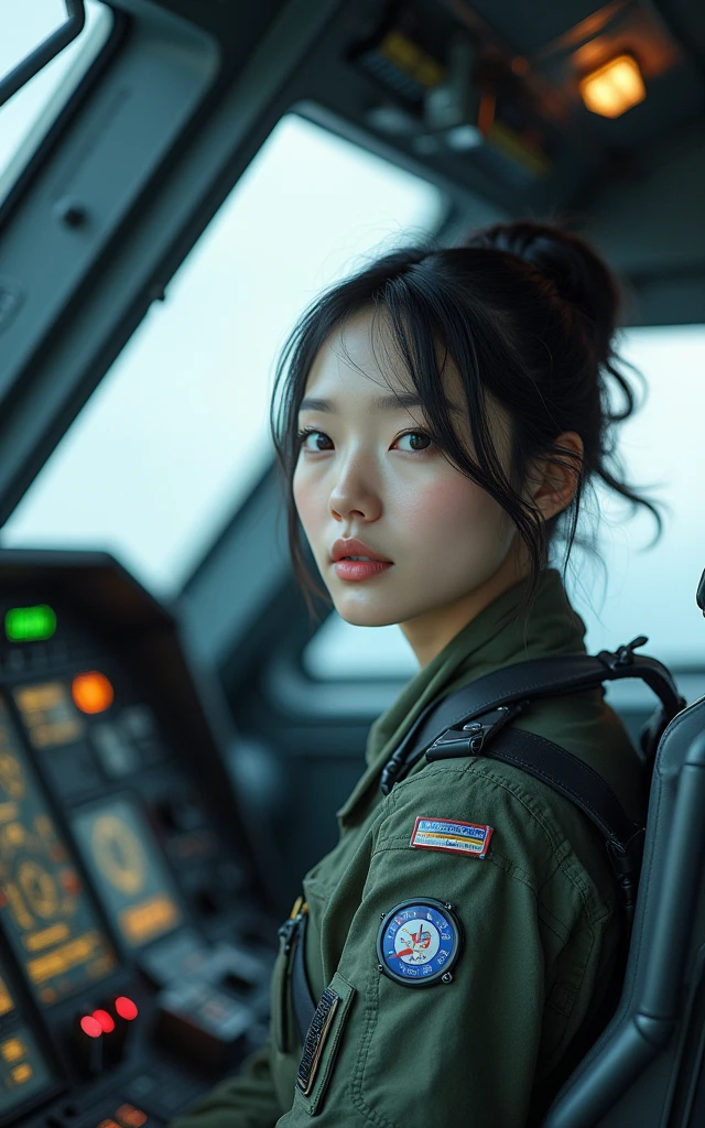 Photo-real, Ultra-realistic, (1 Korean female pilot,Super beautiful face, Super white face), (Close-up of a complex aircraft control panel with buttons and devices),Science Fiction,high tech,advanced,Special Forces,Spectacular, Helicopter Fighter (full-body shot,panoramic,Wide-angle lens)