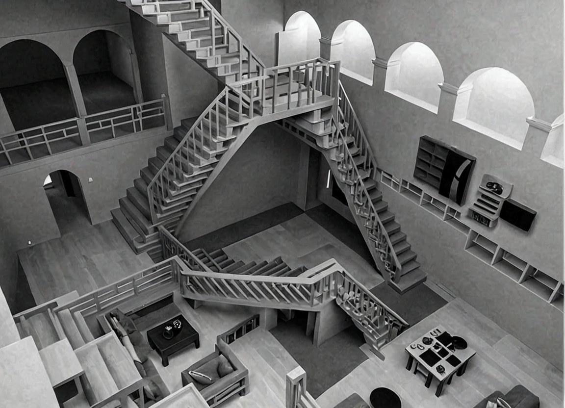 Infinitely large extra-dimensional space in a non-symmetrical MC Escher labyrinth style. It consists of several living rooms, various corridors, various endless halls and many stairs in a Japanese style. There is no ceiling. It has a distorted sense of gravity, allowing the rooms to be upside down or perpendicular to the stairs. Its physics is distorted. Its structure and random layout. [Japanese style] [para-dimensional] [Infinity forteresses] [MC Esher Labyrinth]