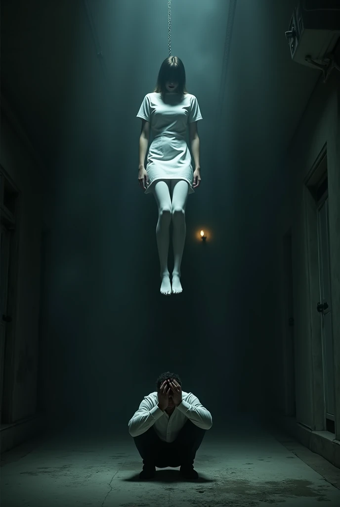 Scene of white thigh high stocking nurse hanging herself to death ,hovering in the air , a man sitting on the ground in panic