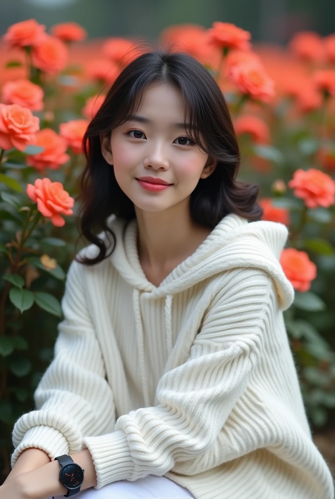 a beautiful Indonesian woman, smooth white skin, well-groomed face,rambut hitam panjang rumbai bawah ala korea, ,wearing a white knitted hooded sweatshirt,celana kargo putih, slow motion ,black watch, white shoes, Sitting pose, di rerimbunan bunga mawar, orange-red color that flowers beautifully and densely. Rose garden background, beautiful very amazing .Realistic original photo