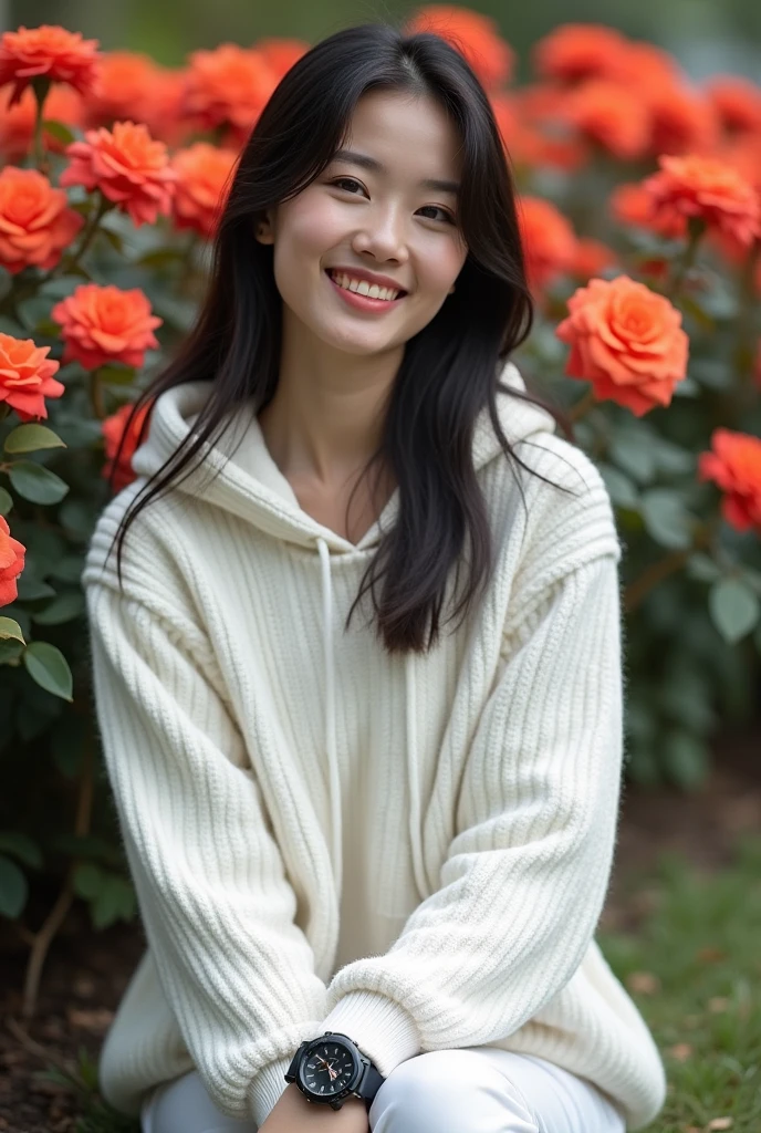 a beautiful Indonesian woman, smooth white skin, well-groomed face,rambut hitam panjang rumbai bawah ala korea, ,wearing a white knitted hooded sweatshirt,celana kargo putih, slow motion ,black watch, white shoes, Sitting pose, di rerimbunan bunga mawar, orange-red color that flowers beautifully and densely. Rose garden background, beautiful very amazing .Realistic original photo 