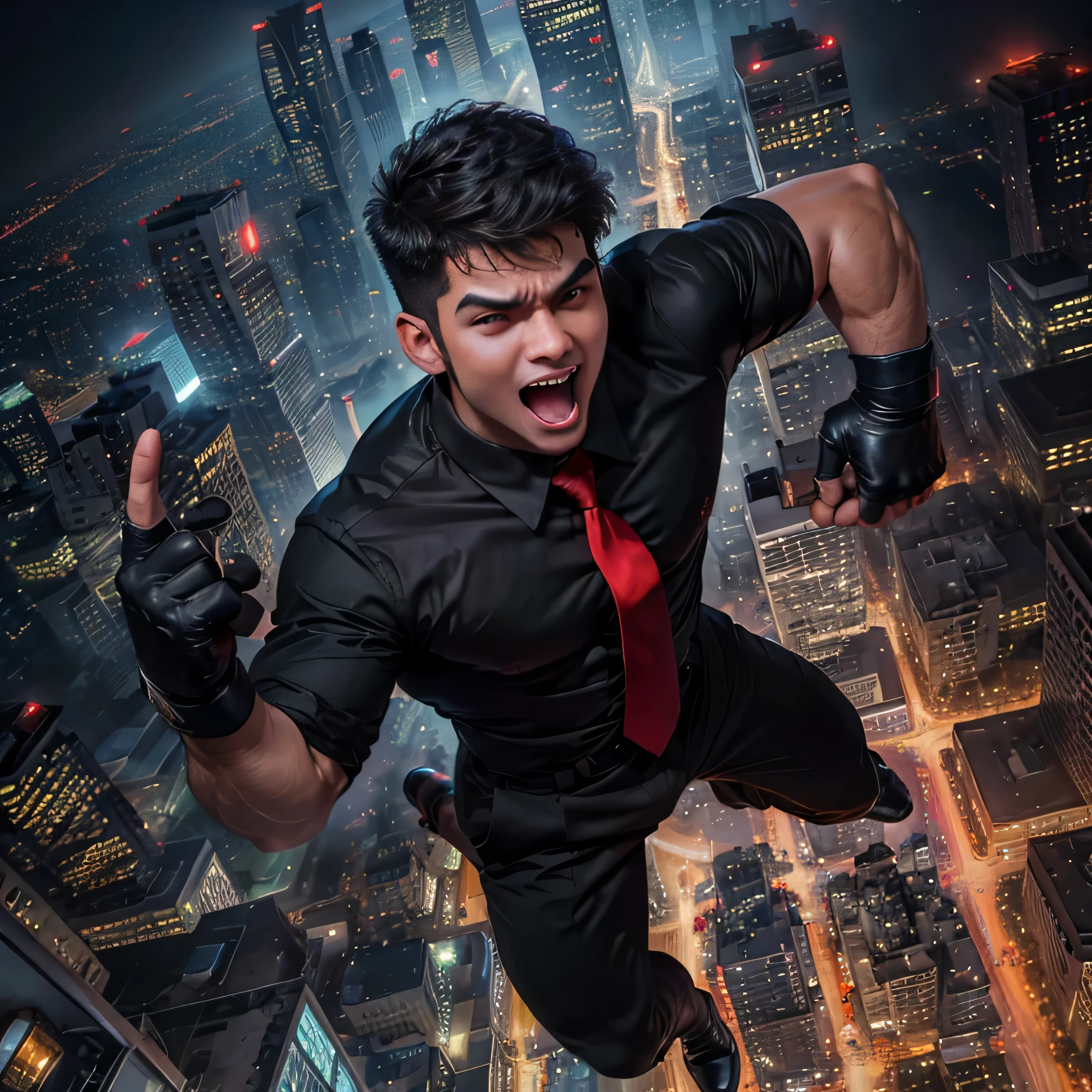 Age 27,One Man,、Handsome。Black Shirt、Red tie、Black gloves、Dhaka - Fighters、Falling from a skyscraper at night　Aerial　,,logic, ,Very short hair、　,Asian Face,、　Handsome　Open your mouth wide and scream　View from above