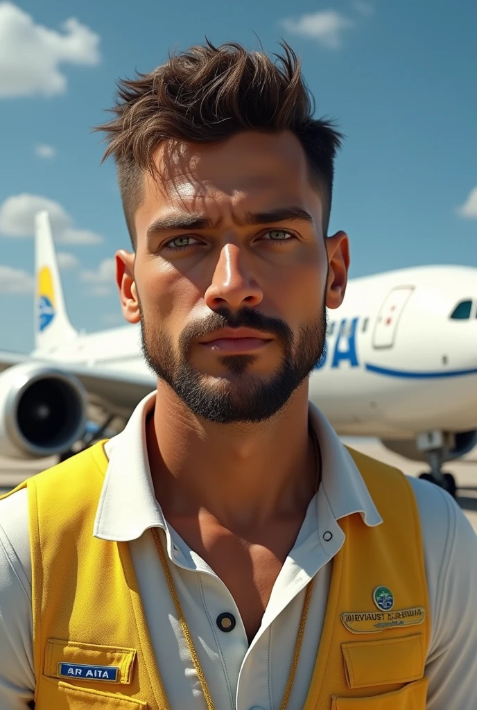 (Photorealism:1.2), beautiful tanned man, Brazilian, aux yeux verts, brown with a little beard, en polo blanc et un gilet jaune EPI, a badge around the neck with an airbus in the background