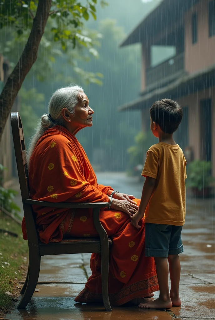 an old lady wearing a saree sitting on a chair watching rain with her grandson standing beside outside the house shown their back