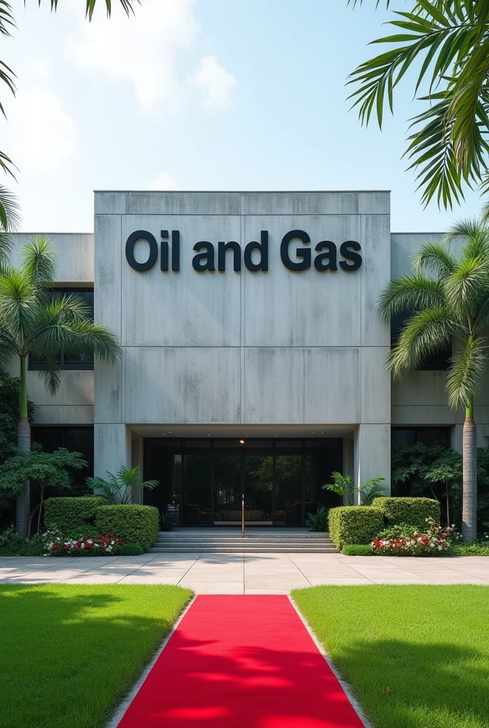 Create a building with 7,009 square wide and in Singaporean design and a concrete on the building written OIL AND GAS on it's own compound with Grass and flowers with red carpet on entrance 