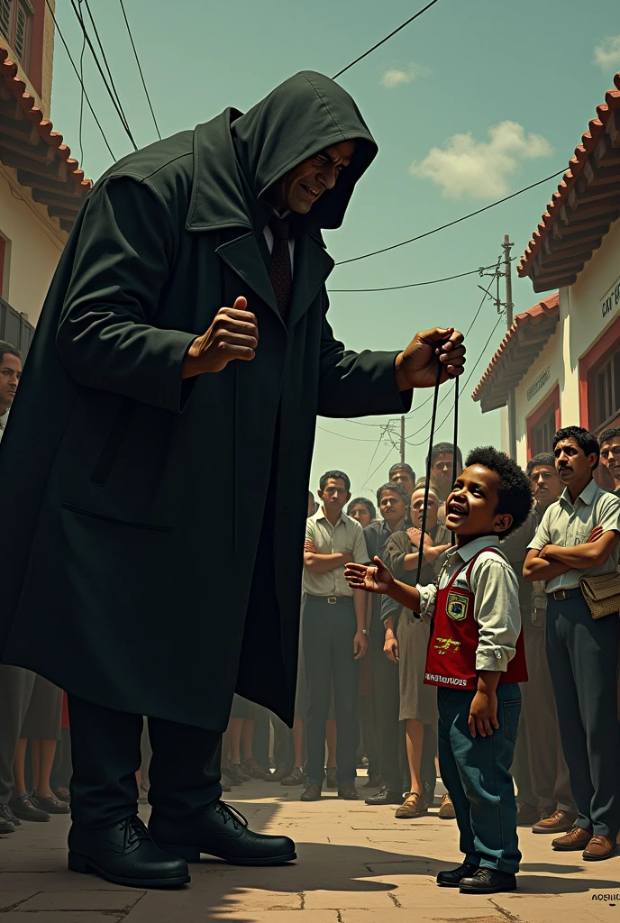 A political scene set in a small town, showing a puppet-like figure dressed in typical political attire being controlled by a larger, shadowy figure pulling strings from behind. The puppet is labeled with a sign or sash that indicates it belongs to the PT (Partido dos Trabalhadores) party. The larger figure, representing the current mayor, is dressed in a way that suggests manipulation and control, with a sinister expression. The background features a crowd of townspeople, some looking confused, others frustrated, as they witness the puppet's gestures, unaware that it’s being controlled. The atmosphere should be dark and tense, reflecting political manipulation.